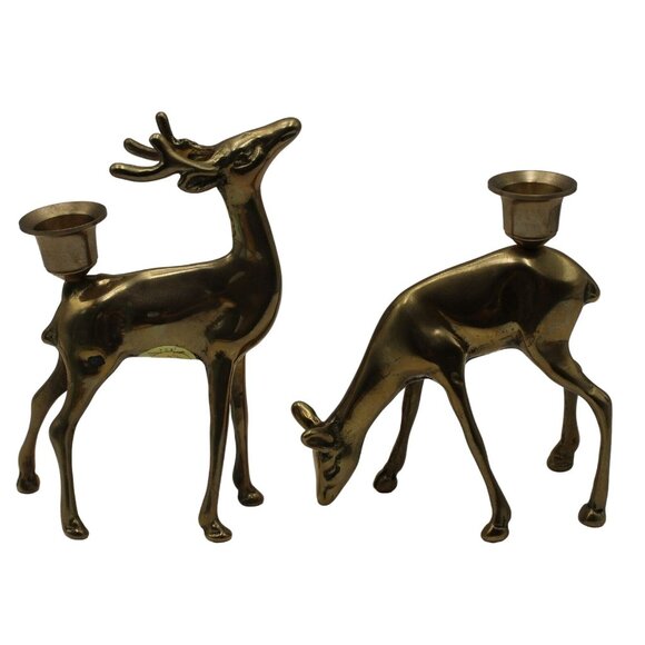 Solid Brass Buck and Doe Reindeer Figurine Candle Holder Set Price Products Vtg - Picture 3 of 11